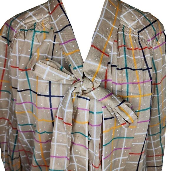 Vintage 70s Long Sleeve Top Blouson Dress Set Womens Size 3XL Beige Rainbow Chec - Picture 8 of 13